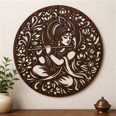 Lord Krishna Flute Round Laser-Cut LED Wall Light / Krishna Wall Décor